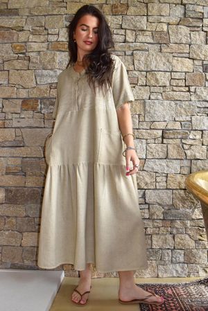 Rustic Nature Linen Blend Smock T Shirt Dress Washed Cedar